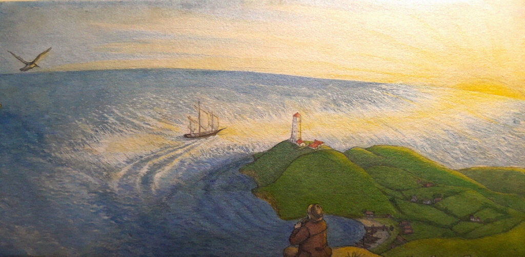 A three paragraph introduction with a pencil and watercolour Illustration of a man playing a pipe in front of a seascape with seagull and lighthouse