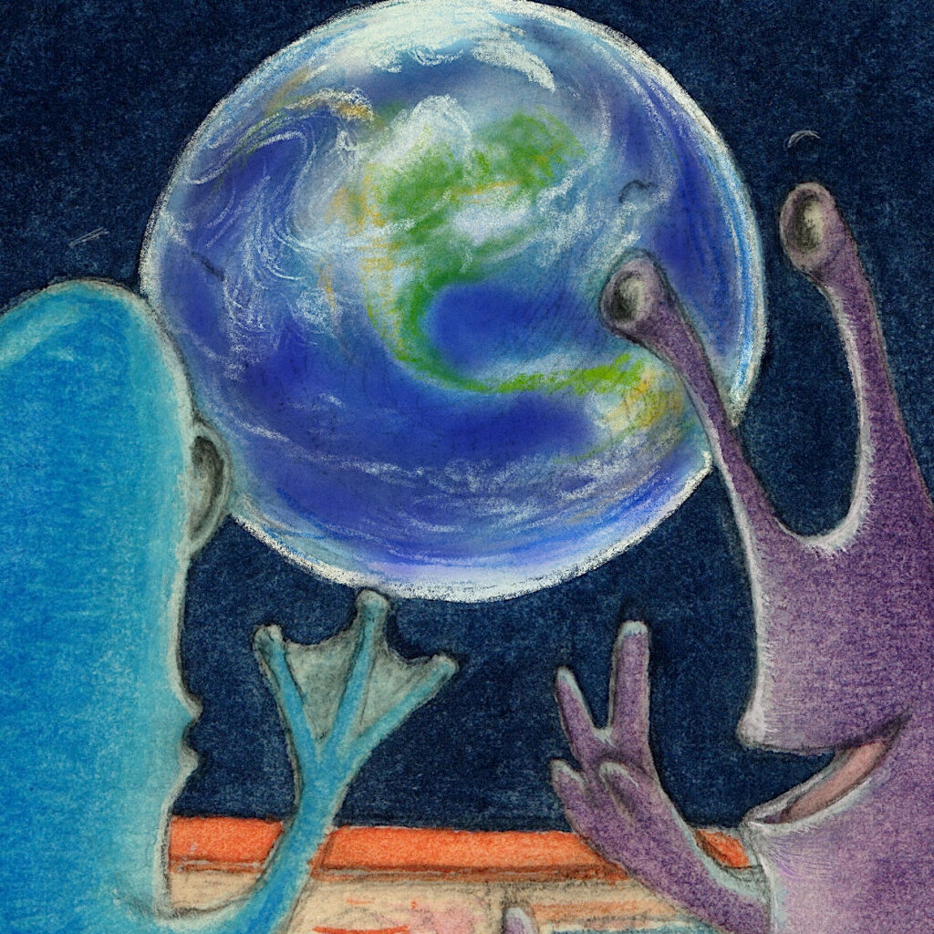 Two aliens viewing earth from space